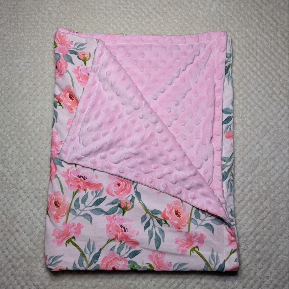 Baby‎ Blanket – Floral Print w/ Pink Minky Dot Backing